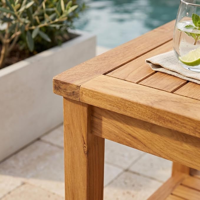 Hives & Honey Pavilion Outdoor Teak Side Table, Square 2-Tier Patio Table, Solid Grade-A Teak Wood for Deck, Porch, Balcony – Natural