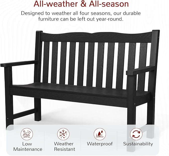 Stoog All-Weather Outdoor Bench & Chairs Set, 3-Piece Patio Furniture Set, Include 1 Garden Bench and 2 Garden Chairs, Never Rot or Fade, Black