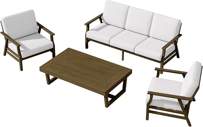 4 Pieces Patio Furniture Sets, Teak Wood Outdoor Sectional Furniture with Coffee Table, 5 Seats Patio Sofa Couch Conversation Set for Backyard Deck - Beige