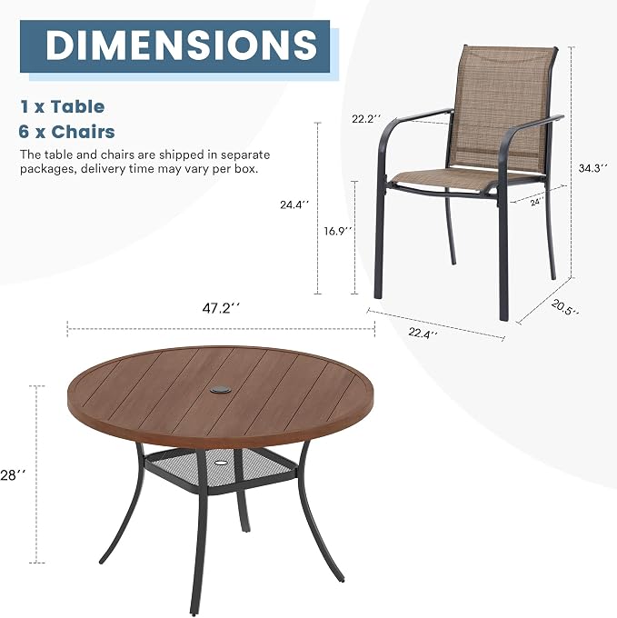 DIFY Outdoor Dining Set for 6, Patio Dining Furniture Set Includes 47.2" Walnut Round Table with Adjustable Umbrella Hole and 6 Brown Stackable Metal Chairs for Poolside, Garden, Backyard