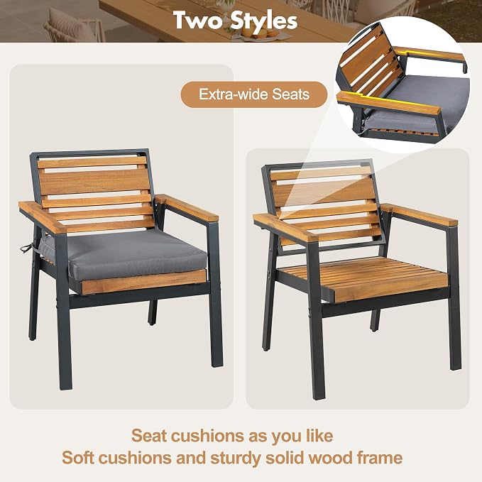 VilroCaz Outdoor 7-Piece Patio Dining Set, Acacia Wood with Iron Frame, All-Weather Rectangle Table and 6 Chairs with Dual-Layer Iron & Wood Seat Frame and Cushions for Backyard Poolside (Gray-5.14G)
