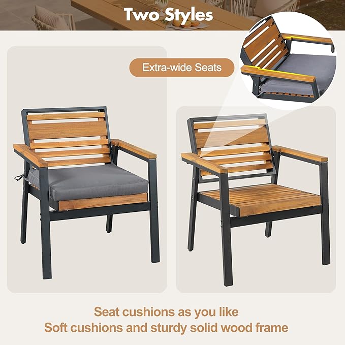 7-Piece Outdoor Patio Dining Set, All-Weather Rectangle Table and 6 Chairs with Dual-Layer Iron & Acacia Wood Seat Frame and Detachable Cushions for Backyard Garden Poolside (Gray-5.14)