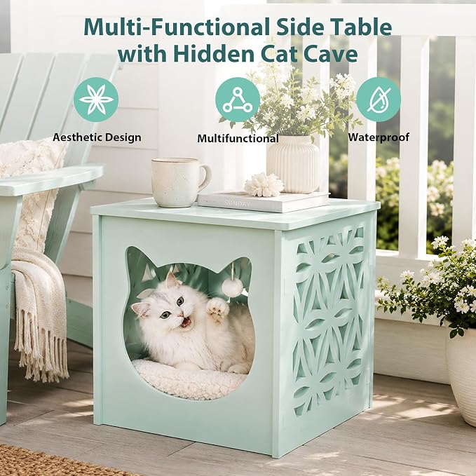 VINGLI Outdoor Side Table with Cat House and LED Light, 15.6" Resin Waterproof Square Side Table End Table for Patio Garden Balcony Porch (Green)