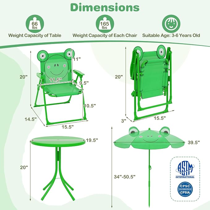 KOTEK Kids Picnic Table with Umbrella, Outdoor Table & 2 Folding Chairs, Cute Pattern Children’s Patio Furniture, Portable Kids Table and Chair Set for Backyard, Garden, Beach (Green)