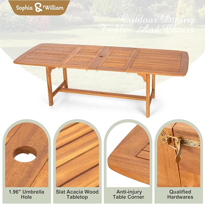 Sophia & William Acacia Wood Expandable Patio Dining Table for 6-8, Outdoor Oil Finish Extending Rectangular Wooden Picnic Table with 1.97" Umbrella Hole, Natural Wood Table for Porch Yard Deck, Teak