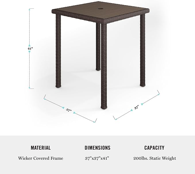 Martha Stewart Bedford 37” Square Indoor-Outdoor Patio Bar Height Table with Faux Wood Top and Rattan Wicker Finish in Brown