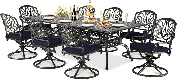 9-Piece Patio Cast Aluminum Dining Set, Outdoor Dining Furniture Set for 8 Person, Includes 94.5" Rectangular Dining Table and 8 Swivel Chairs with Umbrella Hole, Navy Blue