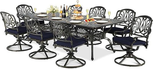 9-Piece Patio Cast Aluminum Dining Set, Outdoor Dining Furniture Set for 8 Person, Includes 94.5" Rectangular Dining Table and 8 Swivel Chairs with Umbrella Hole, Navy Blue