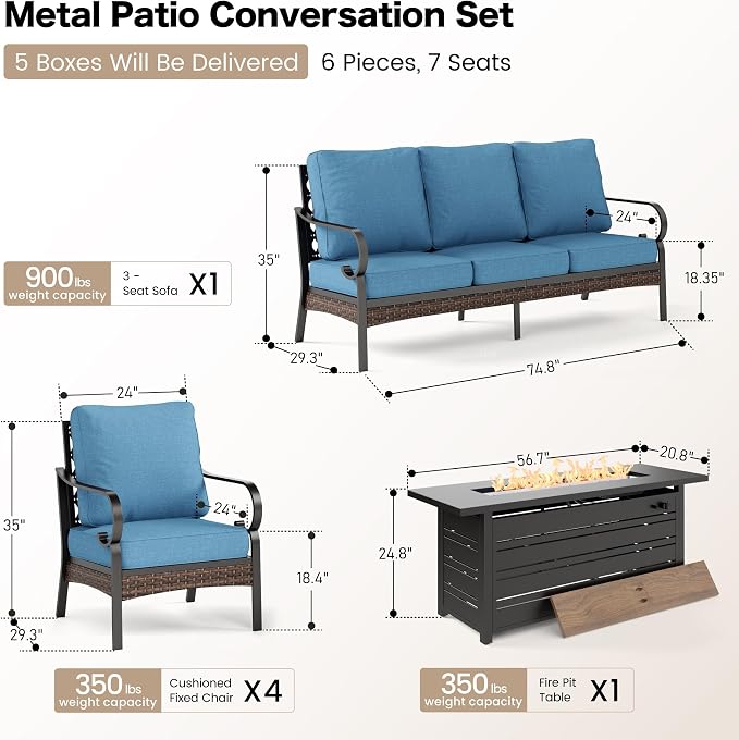 SUNSHINE VALLEY 6 Piece Metal Outdoor Patio Furniture Sets with Firepit Table, Patio Conversation Sets 1 3-Seater Sofa, 4 Single Sofa with 5.75" Extra Cushion Backyard Furniture for Deck, Denim Blue