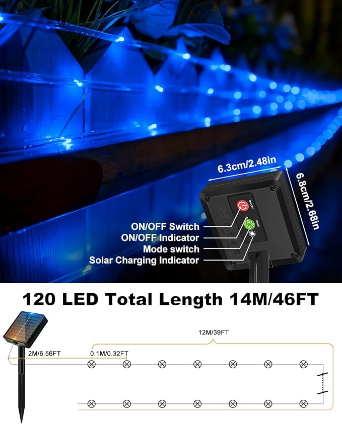 btfarm 2 Pack Solar Rope Lights Outdoor, Total 92FT 240LED Solar String Lights Outside Waterproof, 8 Lighting Mode Solar Powered Trampoline Light for Garden Tree Christmas Yard Party Decor, Blue