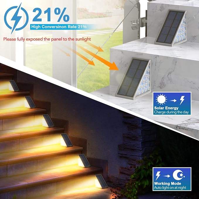 AUDLES LED Solar Step Lights Waterproof Outdoor Stair Lights, Warm White Solar Deck Light IP67 Solar Decoration Lights for Yard, Patio, Garden, Walkways, Front Door, Pathway, Driveway, Porch 2PK
