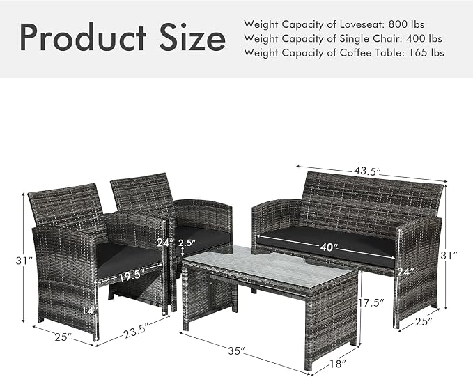 Outdoor Conversation Set, 8 Pieces Wicker Patio Furniture Set with Ergonomic Curved Design, Patio Chair Set with Water-Resistant Cushion & Tempered Glass Table for Balcony,Porch (Black)