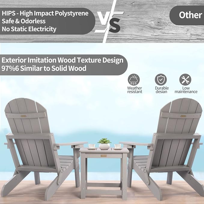 Outdoor Side Table, HIPS Plastic Composite Adirondack Patio Table, Weather Resistant End Tables for Outside, Indoor, Patio, Garden, Pool, Porch, Backyard, Lawn, Deck - Grey