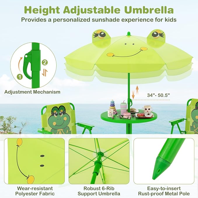 KOTEK Kids Picnic Table with Umbrella, Outdoor Table & 2 Folding Chairs, Cute Pattern Children’s Patio Furniture, Portable Kids Table and Chair Set for Backyard, Garden, Beach (Bright Green)