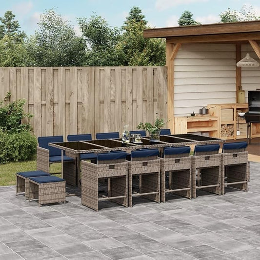 15 Piece Garden Dining Set, PE Rattan Patio Furniture with Acacia Wood Tabletop, Foldable Chairs and Stools for Outdoor Backyard Deck