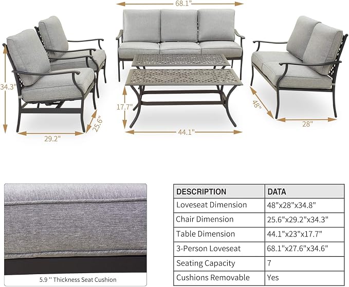 Patio Conversation Set 6 Pieces Metal Outdoor Furniture Seating Sets with Grey Thick Cushions