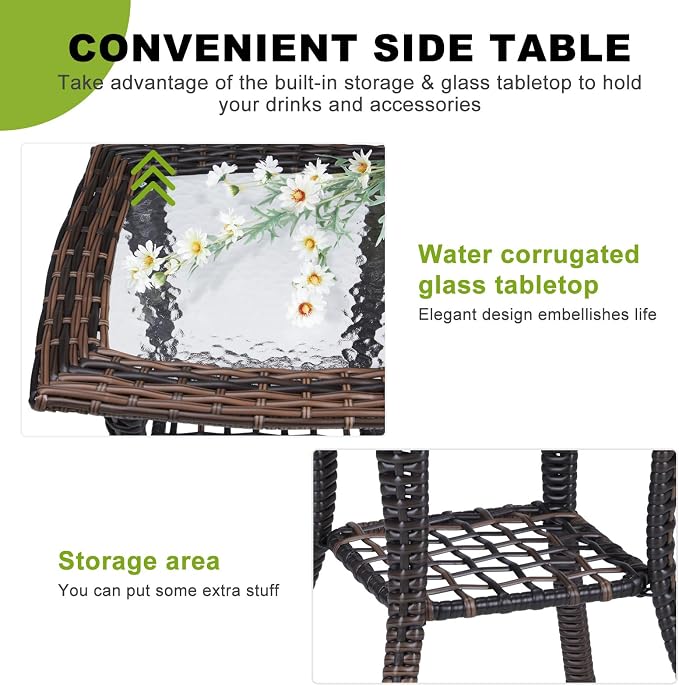 Outvita Rattan Outdoor Side Table with Glass Top & Storage Shelf | Small patio end coffee table, versatile furniture for porch, backyard, balcony and indoor living room