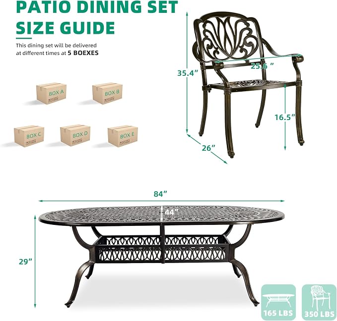 VIVIJASON 9-Piece Patio Furniture Dining Set, All-Weather Cast Aluminum Outdoor Conversation Set, Include 8 Chairs and an Oval Table with Umbrella Hole for Balcony Lawn Garden Backyard