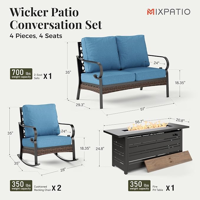 MIXPATIO Patio Furniture Set with Firepit Table, Black Frame Outdoor Conversation Set with 2 x Rocking Chair, 1 x 2-Seat Sofa for Lawn Garden Backyard, Navy Blue