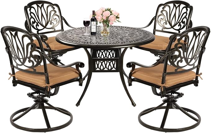 MEETWARM 5-Piece Outdoor Patio Dining Set, All-Weather Cast Aluminum Patio Conversation Set for Backyard Garden Deck with 4 Cushions Swivel Rocker Chairs and 35.4" Round Table, 2.2" Umbrella Hole