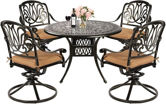 MEETWARM 5-Piece Outdoor Patio Dining Set, All-Weather Cast Aluminum Patio Conversation Set for Backyard Garden Deck with 4 Cushions Swivel Rocker Chairs and 35.4" Round Table, 2.2" Umbrella Hole