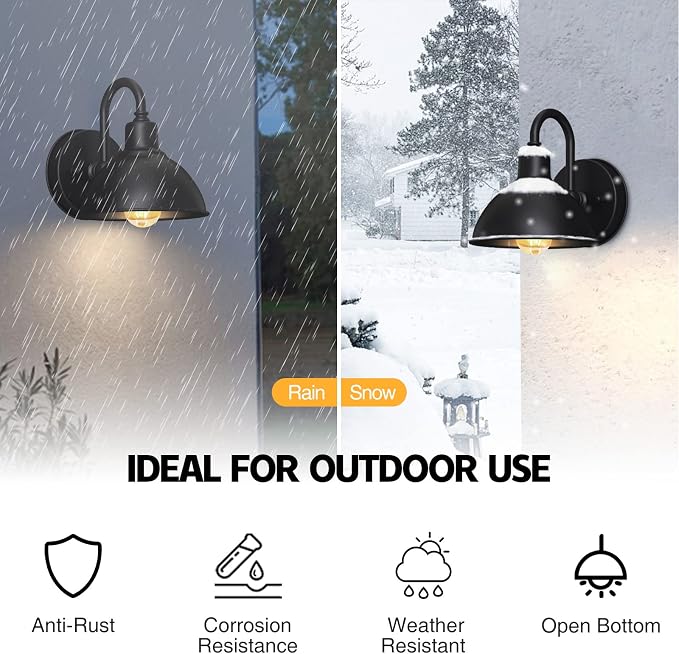 Barn Light Gooseneck Light, Small Farmhouse Outdoor Lighting | Black, 1-Light Outdoor Gooseneck Lighting, Farmhouse Wall Sconce, For Patio Porch Garage, 6.4" Diameter, 1pc, E26 Base