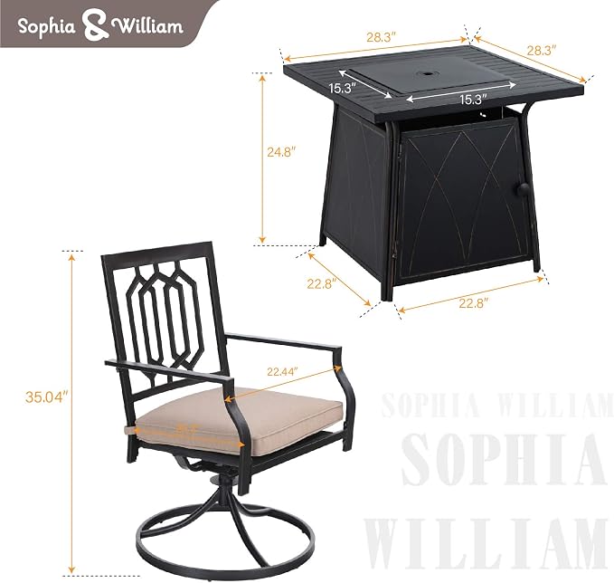 Sophia & William 5 Pieces Patio Dining Set with Gas Fire Pit Table Outdoor Patio Furniture 28" Propane Fire Pit Table 50,000 BTU Auto-Ignition, 4 Patio Swivel Chairs for Lawn Garden Yard Black