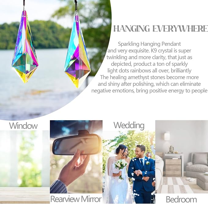2 Pcs AB Coating Crystal Horn Prism Suncatcher Rainbow Window Decor | AB Coating Crystal Horns Prisms Suncatcher Rainbow Maker Hanging Pendants for Wedding Party Christmas Tree Window Decor