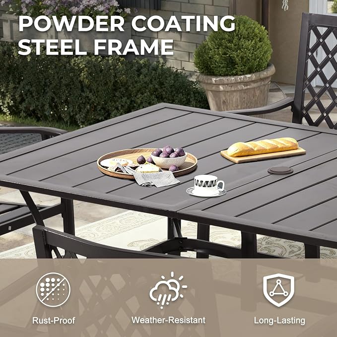 COWVIE Patio Dining Table for 6 People, 59" Metal Outdoor Table with Adjustable Umbrella Hole for Garden, Poolside, Backyard