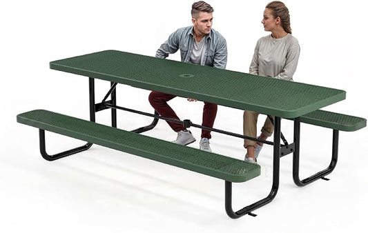 Commercial Heavy-Duty Metal Picnic Table - ADA Compliant, Adjustable Seats, Umbrella Hole, Expanded Metal (Green, 8' Rectangular)