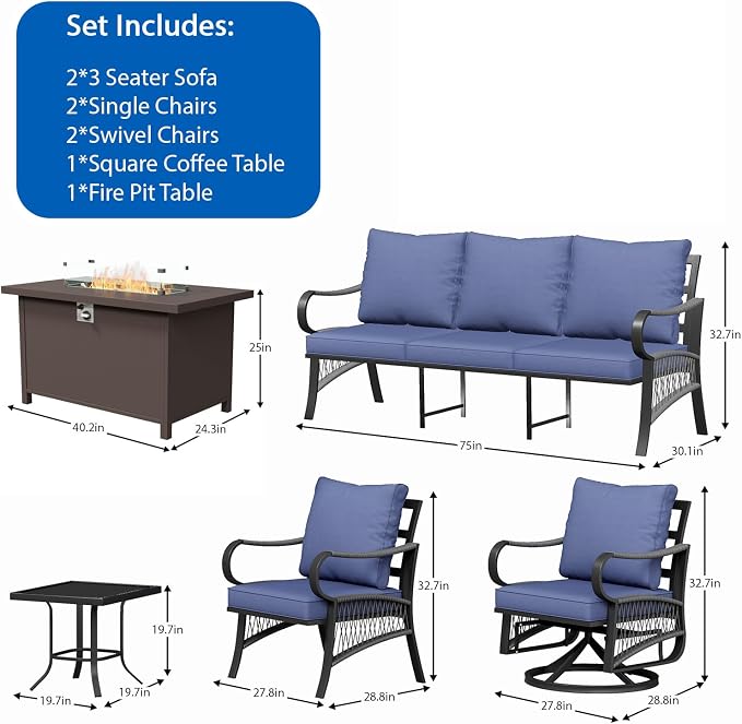 8 Piece Patio Furniture Set, All Weather Metal Outdoor Conversation Set with 50000 BTU Propane Fire Pit Table, 3 Seat Sofa, 2 Swivel Chairs and 5" Cushions for Garden, Porch, Lawn, Blue
