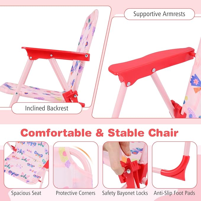 KOTEK Kids Picnic Table with Umbrella, Outdoor Table & 2 Folding Chairs, Cute Pattern Children’s Patio Furniture, Portable Kids Table and Chair Set for Backyard, Garden, Beach (Pink Butterfly)
