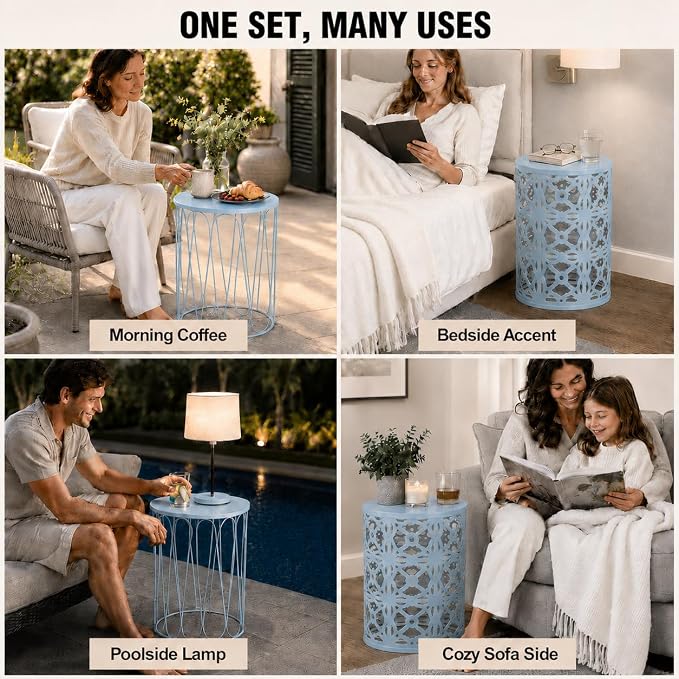 Y&M Outdoor Side Tables Set of 3, Metal Stacking Patio Side Tables for Outside, Round Indoor End Tables, Decorative Garden Stool Plant Stand for Patio Garden Balcony Porch, Light Blue