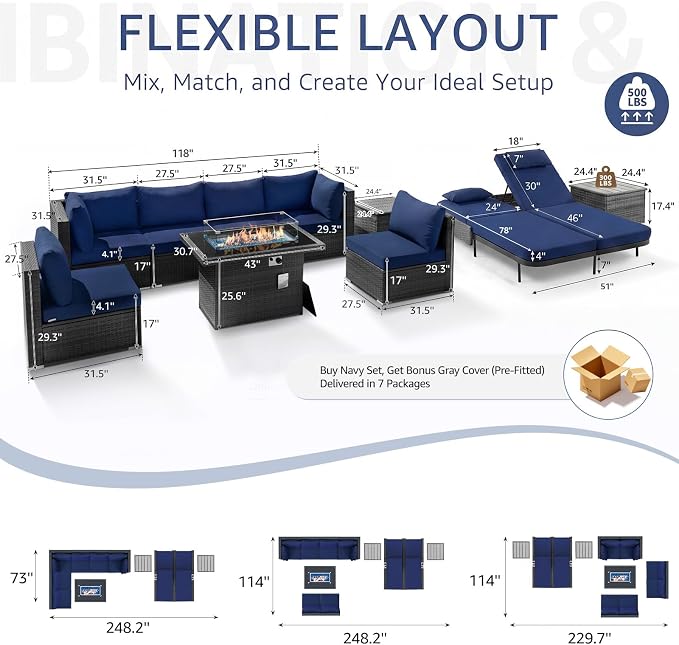 NICESOUL 11 Piece Outdoor Sectional with Fire Pit Table, 29.3'' High Back Rattan Patio Furniture Set with Firepit & Chaise Lounge, Large Deep Outdoor Sectional, 2 Color Cushion Navy Blue & Grey