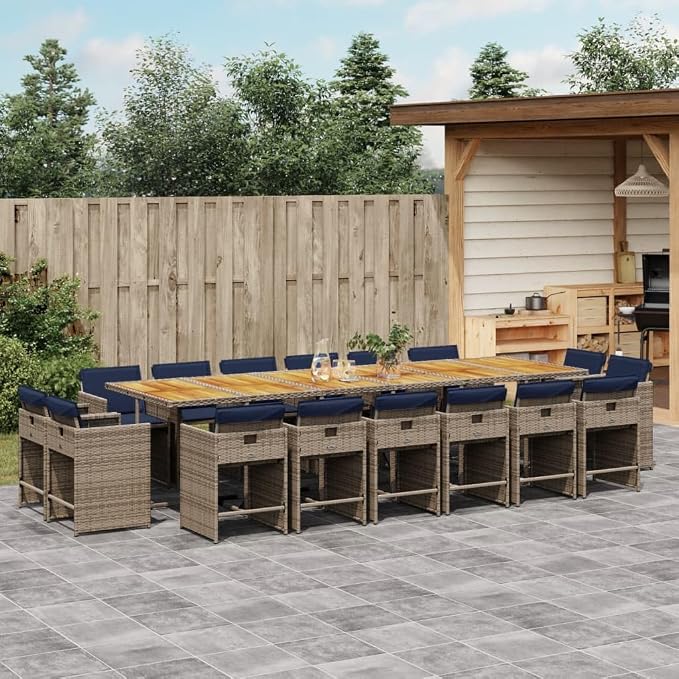 17-Piece Outdoor Patio Dining Set, Foldable PE Rattan Garden Chairs with Cushions and Acacia Wood Table for Backyard, Deck, and Balcony
