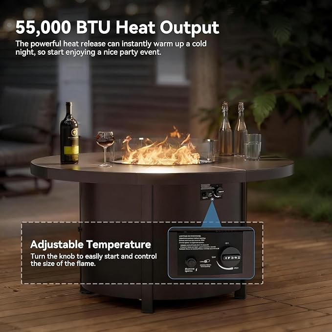 5 Piece Metal Outdoor Patio Furniture Set with 48" Round Propane Fire Pit, Outdoor Dining Table Set with 4 Fixed Chairs and 55000 BTU Outdoor Fire Pit, Navy