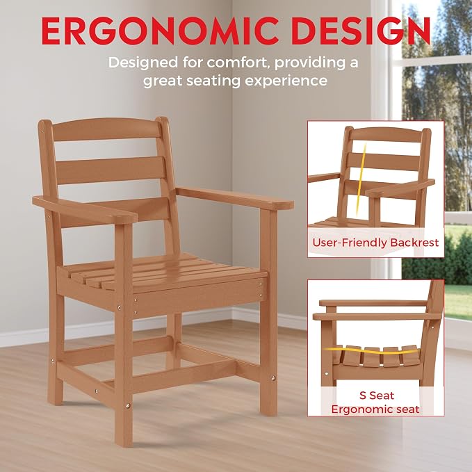 Costaelm Garden Dining Chair, Outdoor Patio Adirondack Chair with Arm, HDPE Poly Lumber, Waterproof Restaurant Bistro Dining Chair for Outside Porch Backyard, Teak