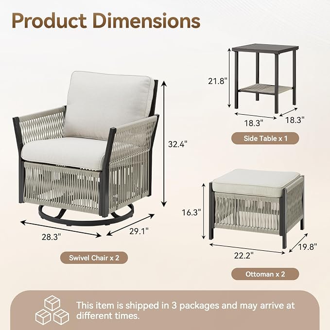 Patio Furniture Set Outdoor/Indoor, Wicker Patio Sofa, 5pcs Furniture Set with Swivel Rocker Chairs, Side Table, and Ottomans for Backyard, Garden, Poolside(Beige)