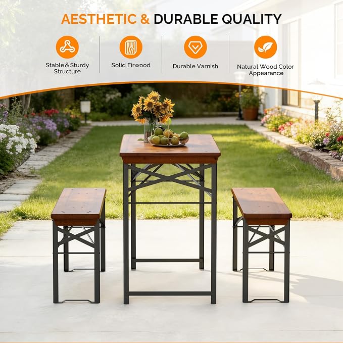 VINGLI 45 Inch Folding Picnic Tables with Benches Set, Weather-Resistant Wooden Beer Garden Table Bench, 3-Piece Portable Fold Up Camping BBQ Table,Walnut Color