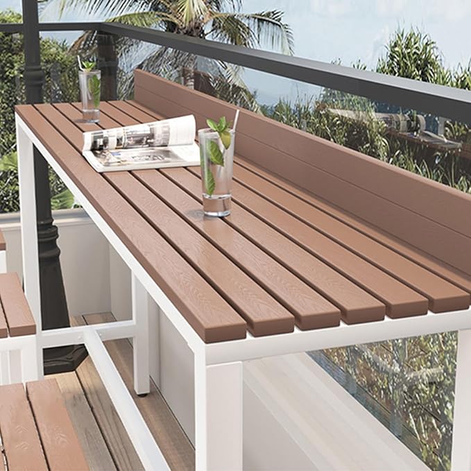 Outdoor Bar Table, Patio Pub Height Table with Anti-Fall Baffle, All-Weather Bar Height Counter Table, Narrow Dining Table for Hot Tub, Garden & Backyard(Color:White+Wood,Size:L-70.8in)
