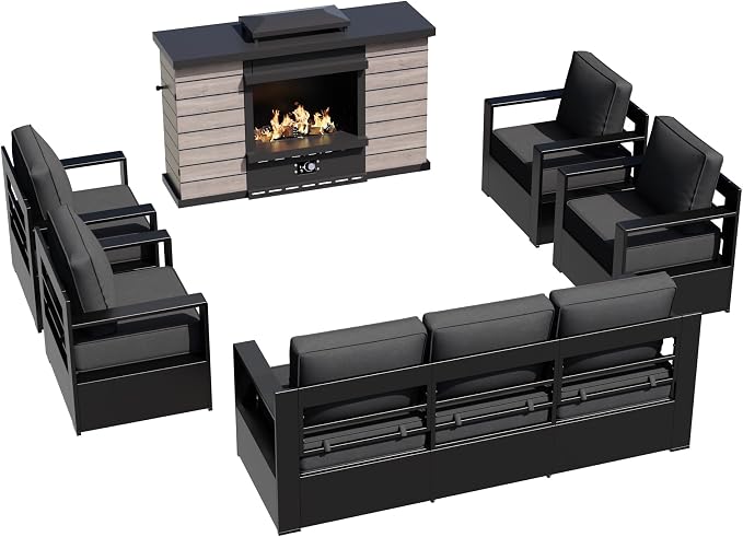 Outdoor Aluminum Furniture Set, 6-Piece Patio Conversation Set, 4 Chairs 1 Sofa and 1 Fireplace, All-Weather Metal Frame, 6" Thick Removable Cushions, Deep Setting for Garden, Poolside and Porch