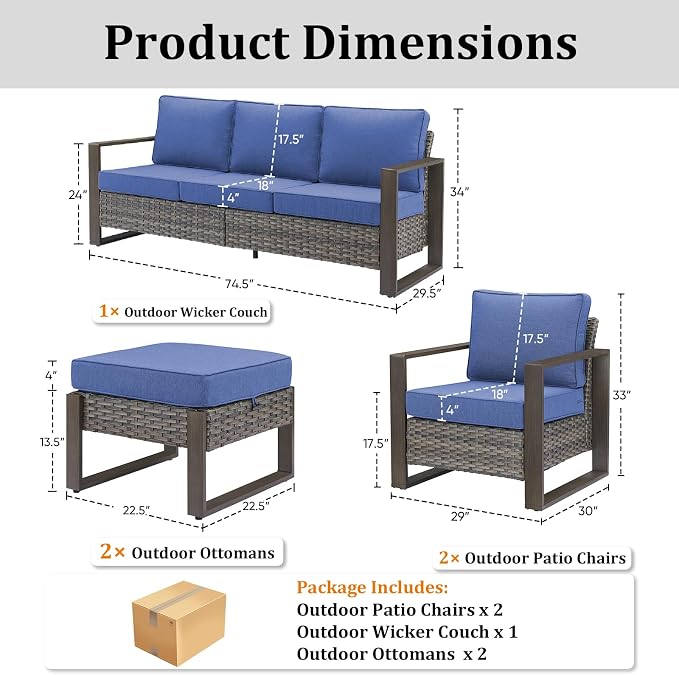 5-Piece Outdoor Patio Furniture Set with Rattan Chairs, All-Weather Wicker Sofa Set for Garden, Yard, Porch and Poolside Seating, Grey/Blue