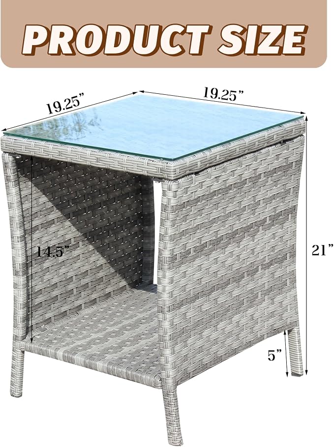 Outdoor Rattan Patio Side Tables, Wicker Table with Clear Tempered Glass Top, Patio End Tables with Storage Shelf, Outdoor Small Tables for Patio,Porch,Balcony,Backyard (Grey, 19.25 Inch)