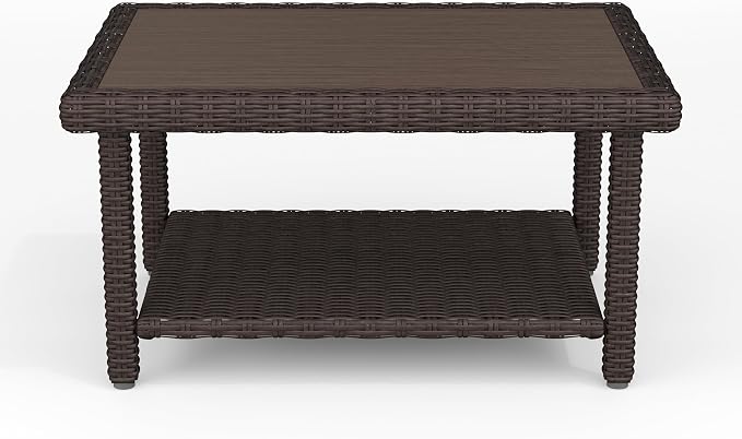 Martha Stewart Bedford Indoor-Outdoor Patio Coffee Table with Lower Shelf, Faux Wood Top, and Rattan Wicker Finish in Brown