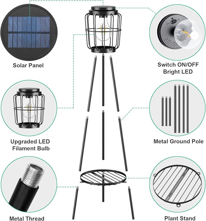 VISFLAIR Solar Lights with Plant Stand, Outdoor Floor Lamp, Waterproof Solar LED Edison Bulb Light Flower Shelf for Patio Porch Deck Yard Garden Decor-1 Pack