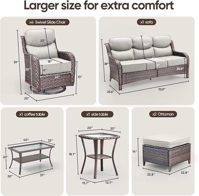 Swivel Patio Chairs sofa Set of 9 with 6" Thick Cushion - Wicker Outdoor Swivel Rocker Patio Chair ,Sofa/Glass coffee table, High Back Comfortable Outdoor Glider Chairs -Brown Wicker | Beige Cushions