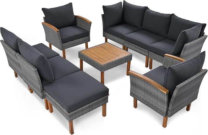 JIVOIT 9-Piece Outdoor Patio Furniture Sets, PE Rattan Wicker Sofa Set with Acacia Wood Tabletop Coffee Table and Wood Legs, Armrest Chairs, Sectional Sofa Set (Nature+Gray Cushions 02)