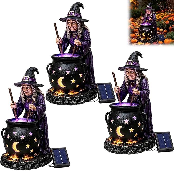 Solar Witch & Glowing Cauldron Halloween Garden Light ，3pc | Solar-powered Halloween Solar Light with glowing cauldron, automatic dusk lighting for garden, porch and pathway décor.