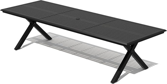 Crestlive Products 118" Outdoor Aluminum Dining Table for 12 People, Black Extra Long Patio Table with X Frame Legs and Adjustable Umbrella Hole, Heavy Duty Backyard Deck Garden Dining Tables