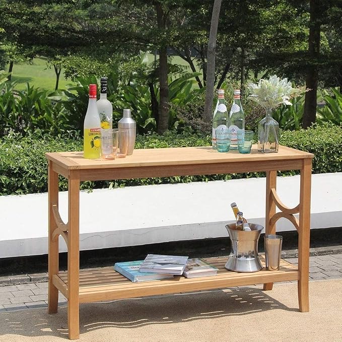 Teak Patio Console Table Brown Farmhouse Rectangle Wood Finish Weather Resistant
